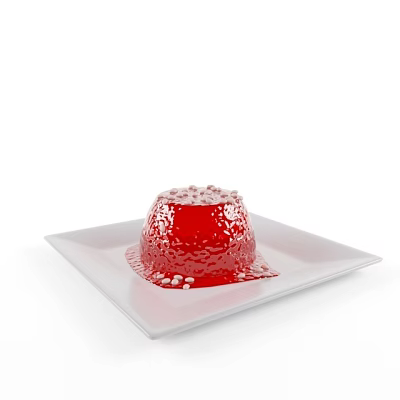 Red Jelly Dessert with Shiny Surface Served on White Plate and Decorated with Small Toppings 3d model