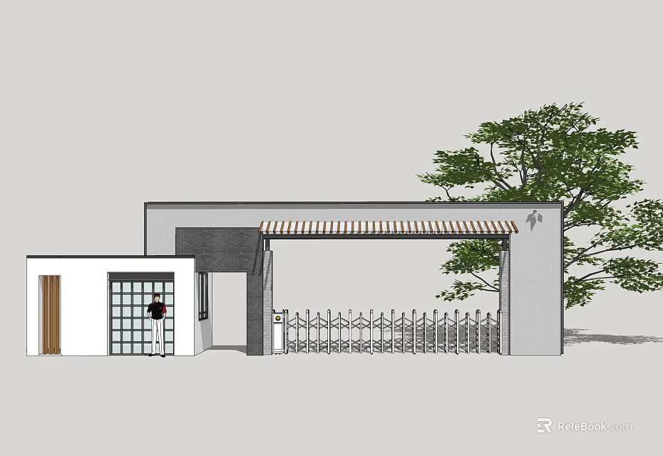 Modern Entrance Gate Design With Striped Awning Adjacent Building And Green Tree 3d model 