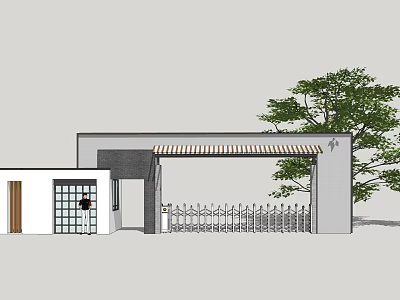 Modern Entrance Gate Design With Striped Awning Adjacent Building And Green Tree 3d model