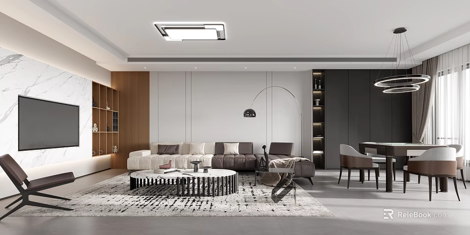 Modern Living Room Interior With Sofa Cushions Coffee Table Geometric Rug And Wooden Panels 3d model 