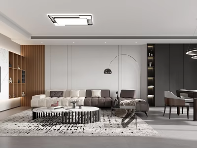 Modern Living Room Interior With Sofa Cushions Coffee Table Geometric Rug And Wooden Panels 3d model