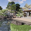 Rockery Stones In Serene Garden With Pond Surrounding Trees Pavilion And Outdoor Sofa
