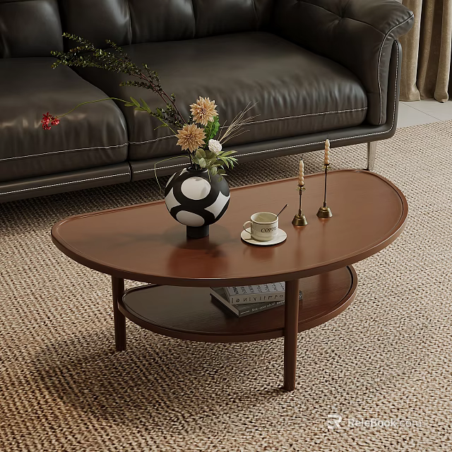 Oval Brown Coffee Table With Vase Teacup Candles And Sofa Rug 3d model