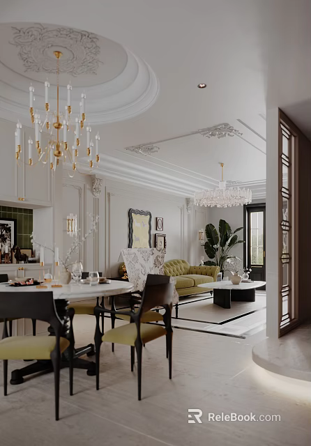 Elegant Classic Dining and Living Room Interior With Crystal Chandelier Green Sofa And Marble Table 3d model 