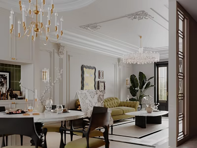 Elegant Classic Dining and Living Room Interior With Crystal Chandelier Green Sofa And Marble Table 3d model