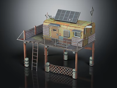 Elevated Metal Building With Solar Panels Ladder Access Small Windows Antenna And Fenced Platform 3d model
