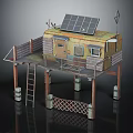 Elevated Metal Building With Solar Panels Ladder Access Small Windows Antenna And Fenced Platform