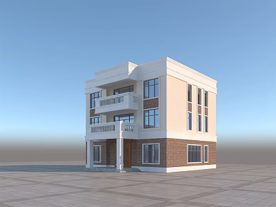 Modern Three Story Residential Building With White Brown Exterior And Balconies 3d model