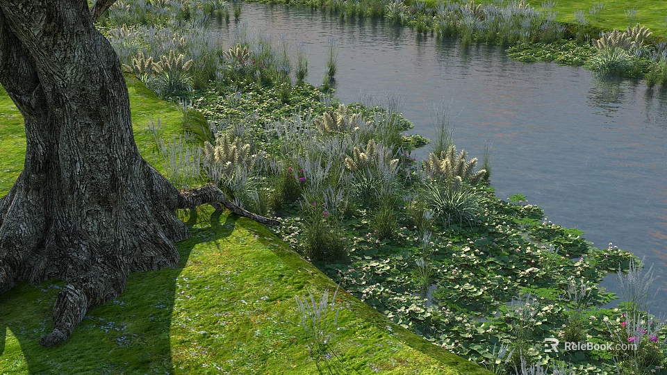 Lush Green Shrubs Growing Along Riverside With Fresh Grass And Calm Water 3d model 