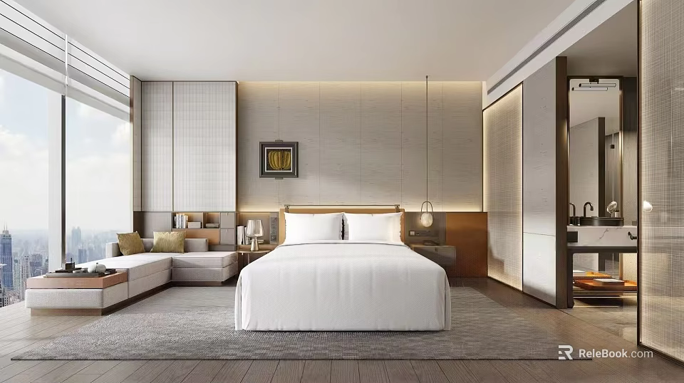 Modern Hotel Room Interior With King Bed Sitting Area Large Window And Warm Lighting 3d model 