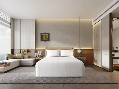 Modern Hotel Room Interior With King Bed Sitting Area Large Window And Warm Lighting 3d model