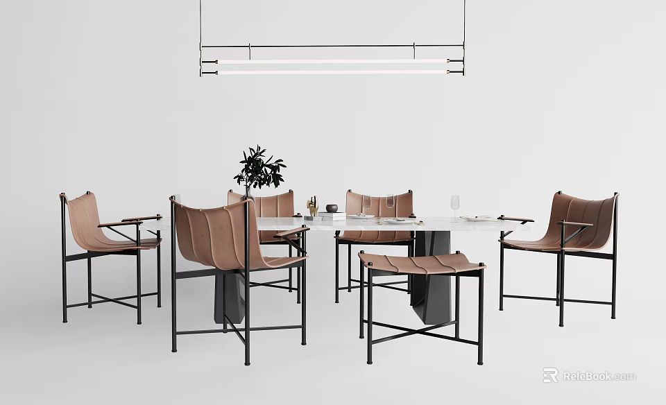 Modern Dining Table Set With Leather Chairs Glass Top And Pendant Light 3d model
