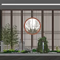 Indoor Zen Garden With Wooden Lattice Background Circular Decoration Bamboo And Stones