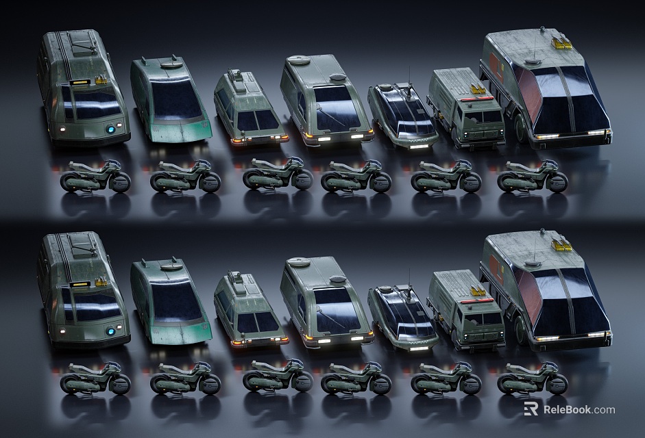 Various Car Models And Motorcycles In Organized Display With Different Designs 3d model 