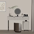 White Striped Dressing Table With Circular Mirror Green Fern Golden Legs And Brown Stool