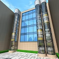 Modern Transparent Elevator with Glass Shaft and Gold Accents on Building Exterior