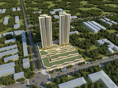 Modern High Rise Residential Building Complex With Twin Towers Green Roof And Surrounding Trees 3d model