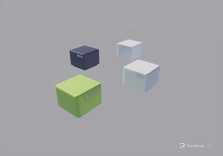 Geometric Multicolored Cubes In Purple White Light Green And Light Blue 3d model 