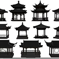 Traditional Chinese Garden Pavilion Models Featuring Various Wooden Frames Overhanging Eaves And Tiled Roof Designs