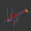 Fantasy Red Crustacean Creature Character With Green Antennae Spiked Body And Orange Tail