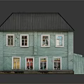 Light Green Wooden House Exterior With Dark Roof Multiple Windows And Colorful Doors