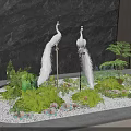 White Peacock Sculptures Indoor Landscape With Green Plants White Gravel And Dark Marble Wall