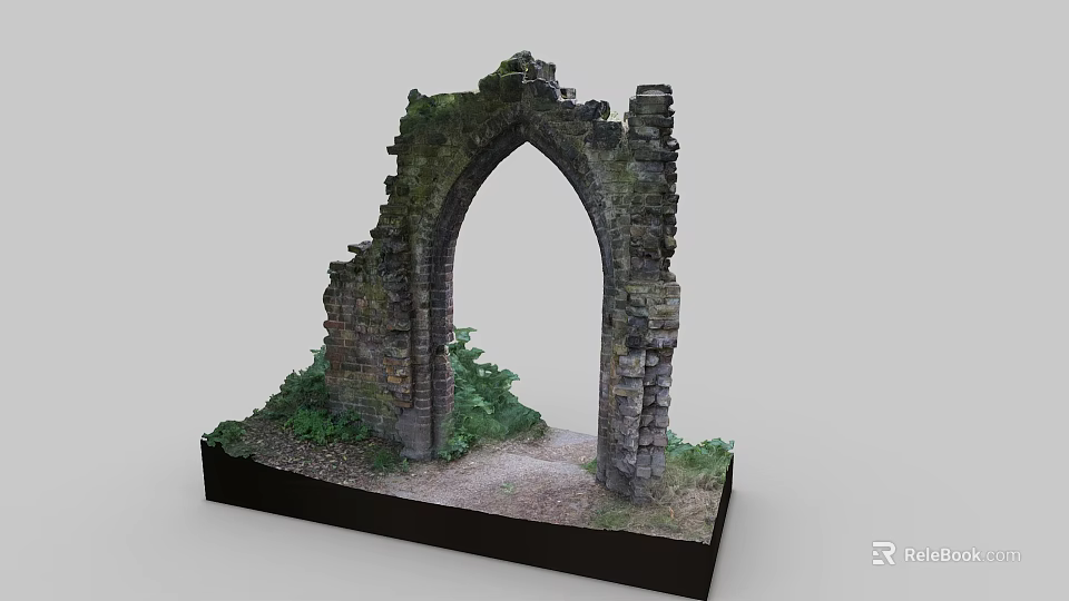 Ancient Stone Ruin Entrance Gate With Moss Covered Walls And Green Plants Model 3d model 