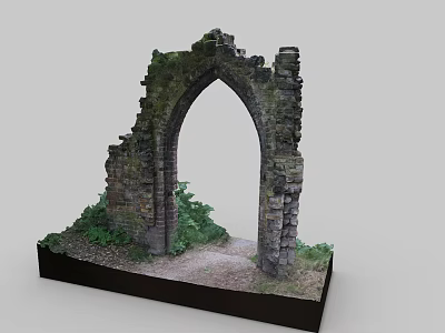 Ancient Stone Ruin Entrance Gate With Moss Covered Walls And Green Plants Model 3d model