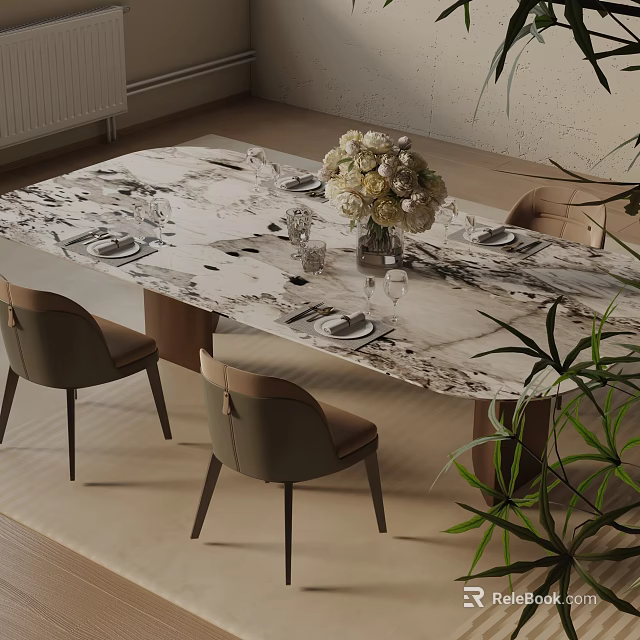 Elegant Marble Texture Dining Table Set with Chairs Flower Arrangement and Green Plants 3d model 
