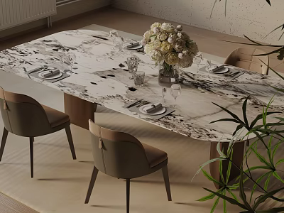 Elegant Marble Texture Dining Table Set with Chairs Flower Arrangement and Green Plants 3d model