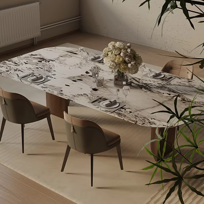 Elegant Marble Texture Dining Table Set with Chairs Flower Arrangement and Green Plants 3d model