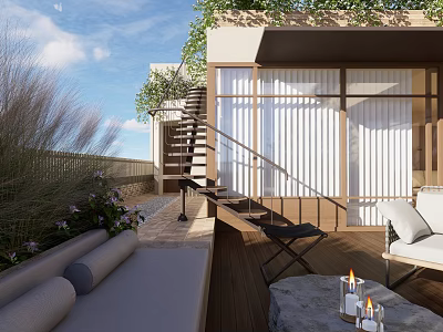 Roof Top Garden with Wooden Deck Staircase Sofa Chair Candles and Green Plants 3d model