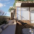 Roof Top Garden with Wooden Deck Staircase Sofa Chair Candles and Green Plants