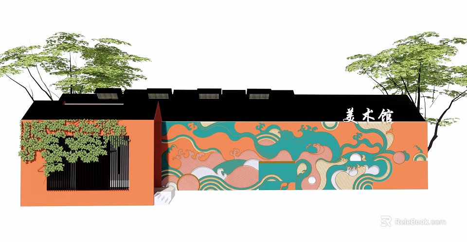 Art Museum Exterior Design With Colorful Wave Mural Orange Wall And Black Roof 3d model 