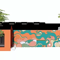 Art Museum Exterior Design With Colorful Wave Mural Orange Wall And Black Roof