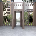 Modern Metal Gate Entrance Design With Glass Door Green Plants And High Rise Buildings
