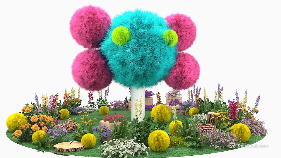 Colorful Garden Featuring Fluffy Blue Pink Blooms Green Centers White Trunk And Various Flowers 3d model 