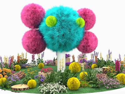 Colorful Garden Featuring Fluffy Blue Pink Blooms Green Centers White Trunk And Various Flowers 3d model
