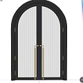 Black Double Doors With Arched Top And Ribbed Glass Golden Handles