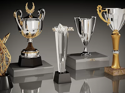 Modern Trophies And Medals With Silver Gold Crystal Designs On Black Gray Marble Bases 3d model