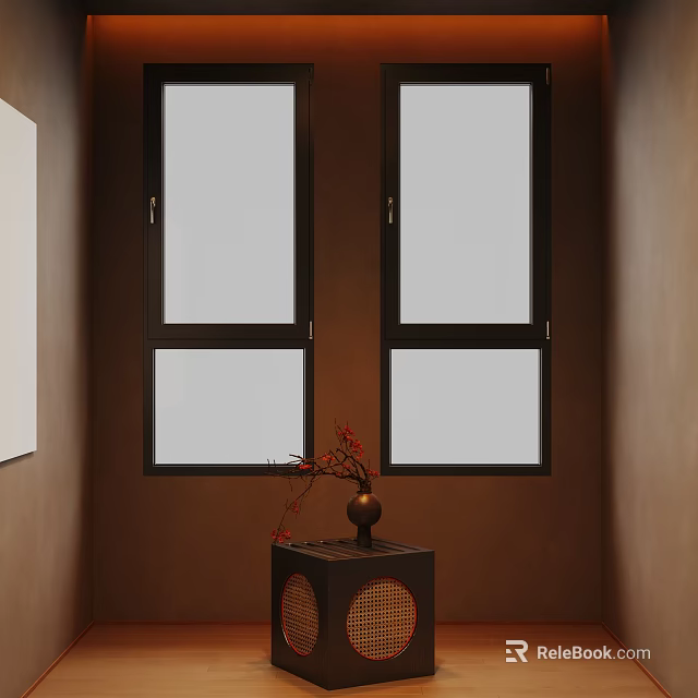 Interior With Two Dark Framed Windows Frosted Glass Brown Wall Black Cabinet Red Floral Vase 3d model 