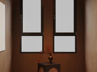 Interior With Two Dark Framed Windows Frosted Glass Brown Wall Black Cabinet Red Floral Vase 3d model