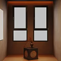 Interior With Two Dark Framed Windows Frosted Glass Brown Wall Black Cabinet Red Floral Vase