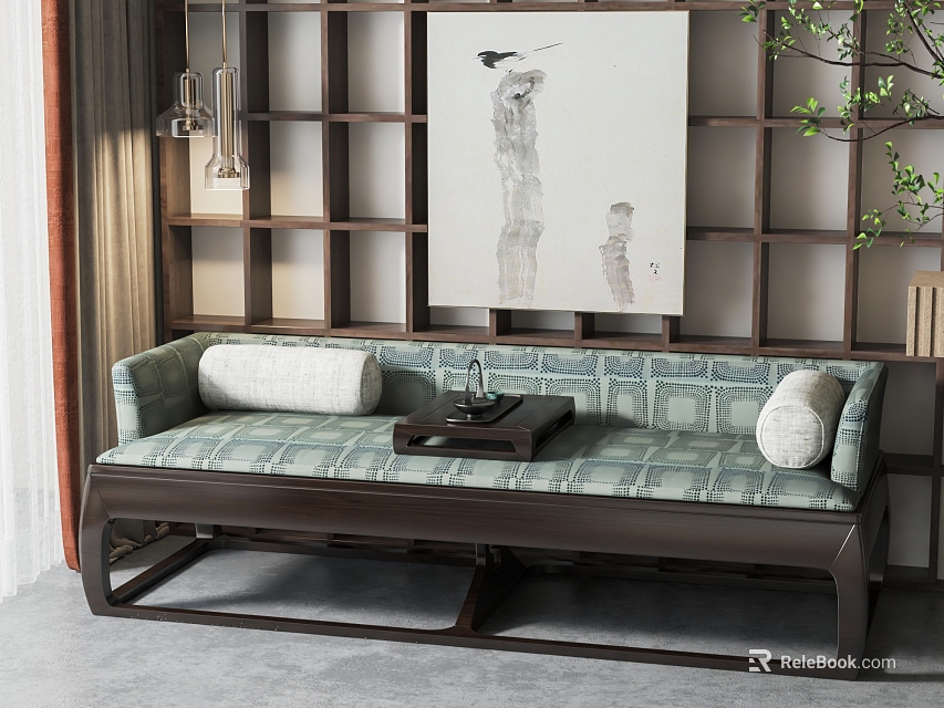 Traditional Chinese Luohan Bed Interior Design With Lattice Wall Painting Throw Pillows And Tea Table 3d model 