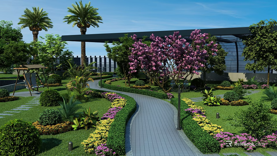 Residential Landscape Featuring Curved Pathway Colorful Flowers Green Shrubs Purple Tree And Palm Trees 3d model 