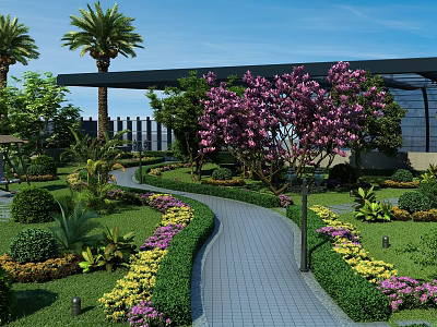 Residential Landscape Featuring Curved Pathway Colorful Flowers Green Shrubs Purple Tree And Palm Trees 3d model
