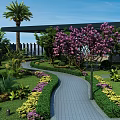 Residential Landscape Featuring Curved Pathway Colorful Flowers Green Shrubs Purple Tree And Palm Trees