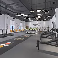 Modern Fitness Gym With Treadmills Weight Benches Dumbbells Colorful Floor Mats And Bicycle Murals