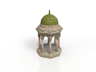 Traditional Stone Gazebo Structure With Green Mossy Dome And Columns On Octagonal Base 3d model