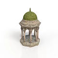 Traditional Stone Gazebo Structure With Green Mossy Dome And Columns On Octagonal Base 3d model